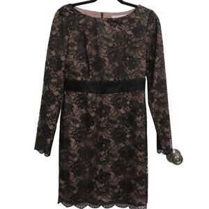 Trina Turk Womens Sz S Black Nude Lace Overlay Dentelle Short Long Sleeve Dress